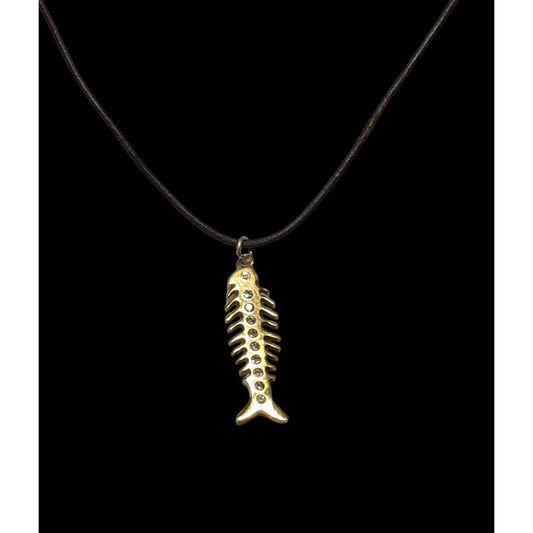 Glam Goth Fishbone Gold Sterling Pendant Necklace