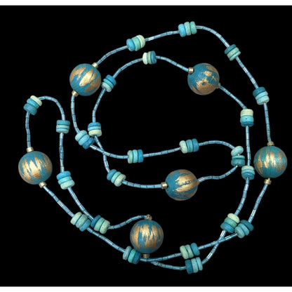 Blue And Gold Tone Wood And Glass Beaded Fantasy Necklace