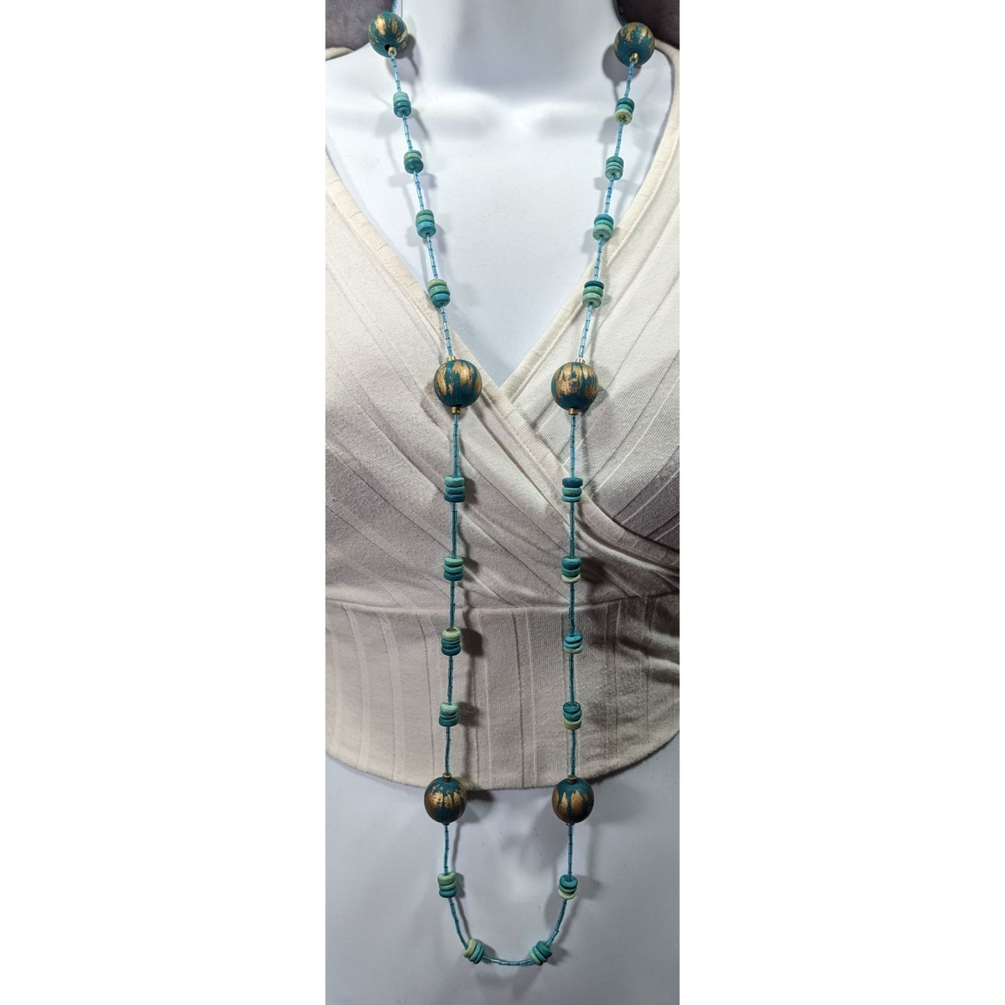 Blue And Gold Tone Wood And Glass Beaded Fantasy Necklace