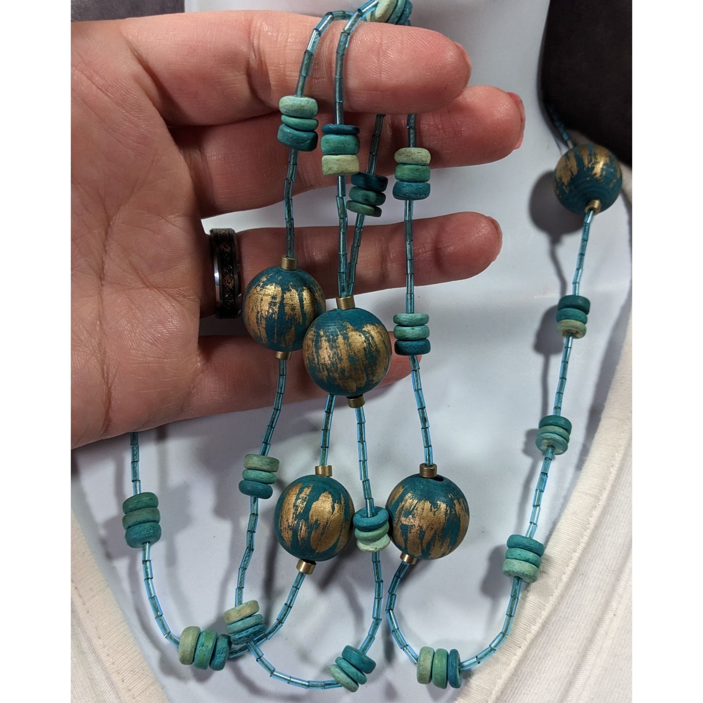 Blue And Gold Tone Wood And Glass Beaded Fantasy Necklace