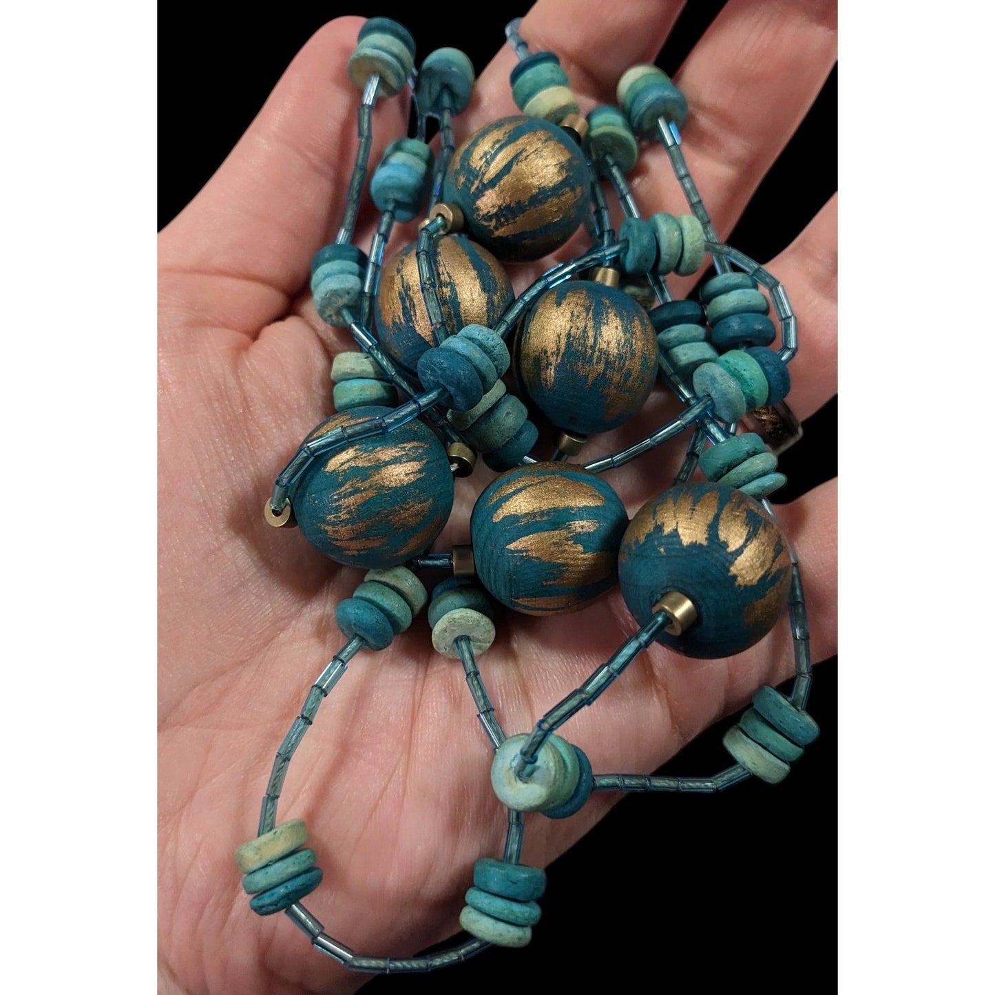 Blue And Gold Tone Wood And Glass Beaded Fantasy Necklace
