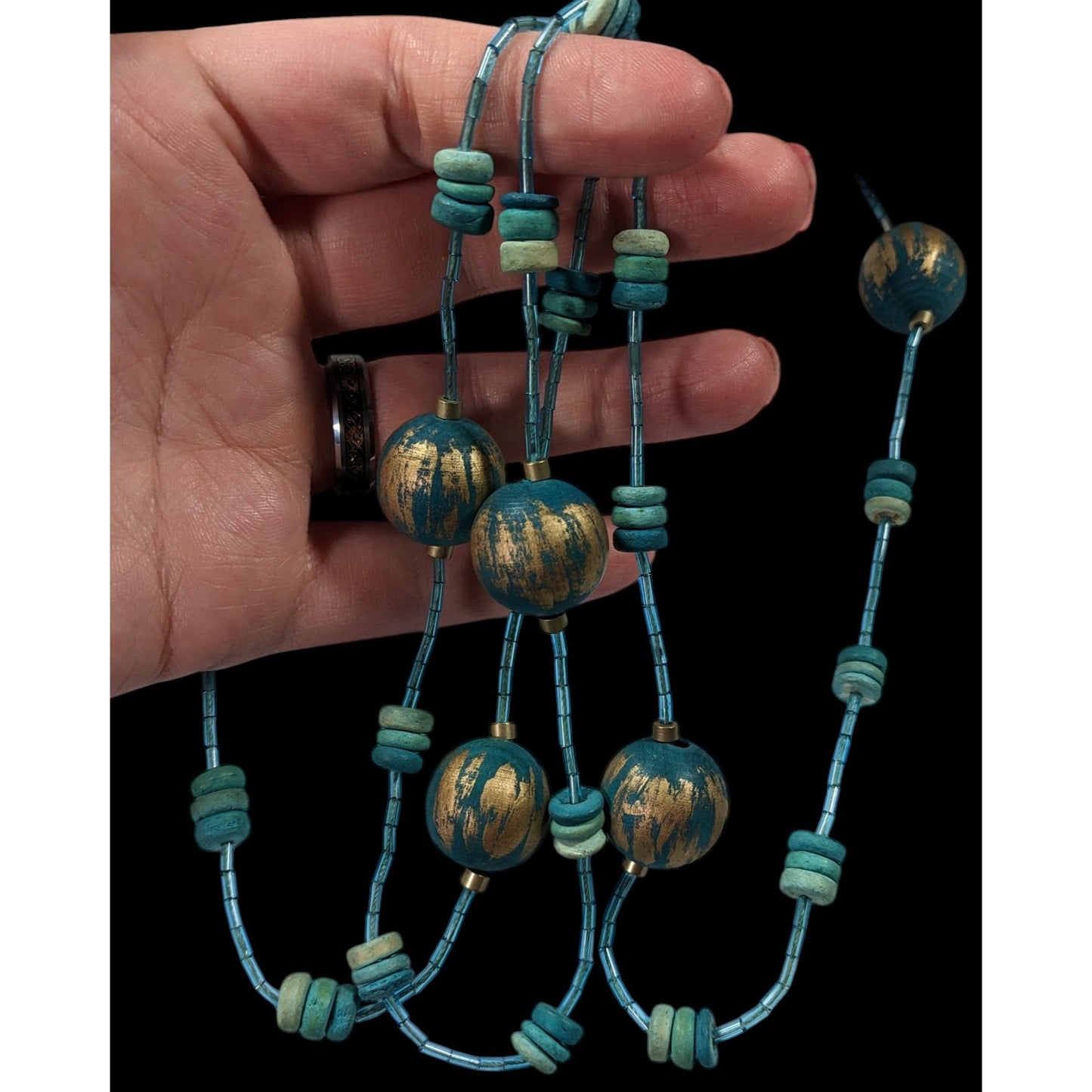 Blue And Gold Tone Wood And Glass Beaded Fantasy Necklace