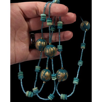 Blue And Gold Tone Wood And Glass Beaded Fantasy Necklace