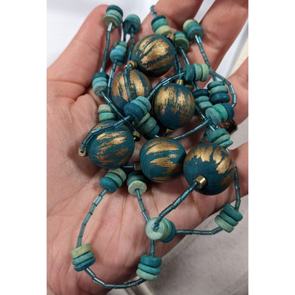 Blue And Gold Tone Wood And Glass Beaded Fantasy Necklace
