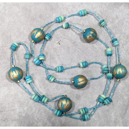 Blue And Gold Tone Wood And Glass Beaded Fantasy Necklace