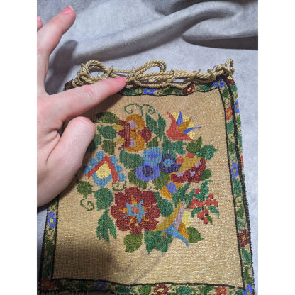 Antique Victorian Beaded Drawstring Floral Reticule