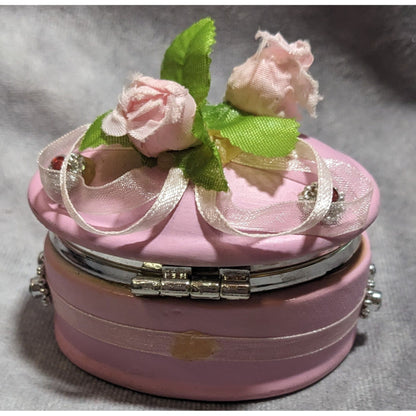 Pink Ceramic Floral Embellished Oval Trinket Box