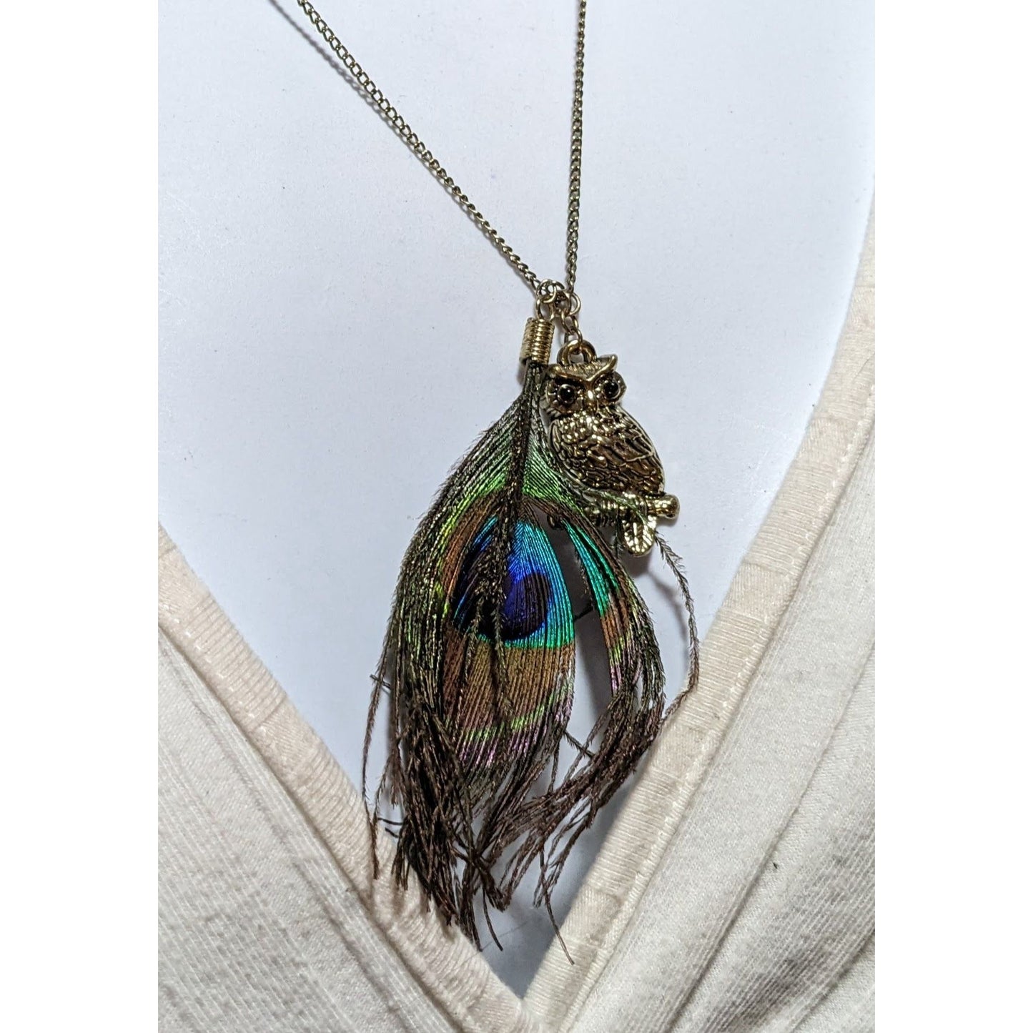 Peacock Feather Owl Charm Necklace
