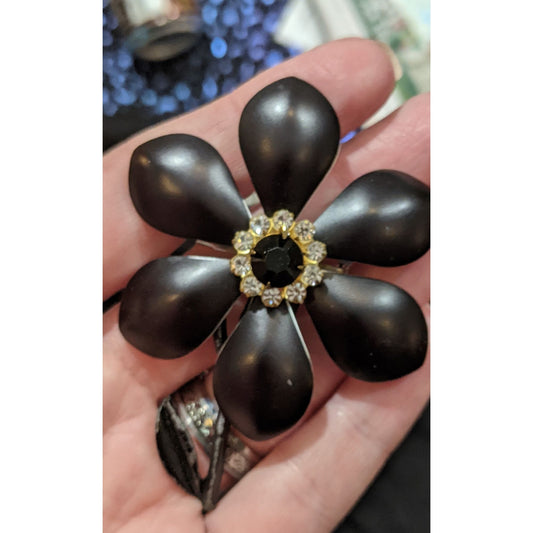 Vintage Black Metal Rhinestone Flower Brooch