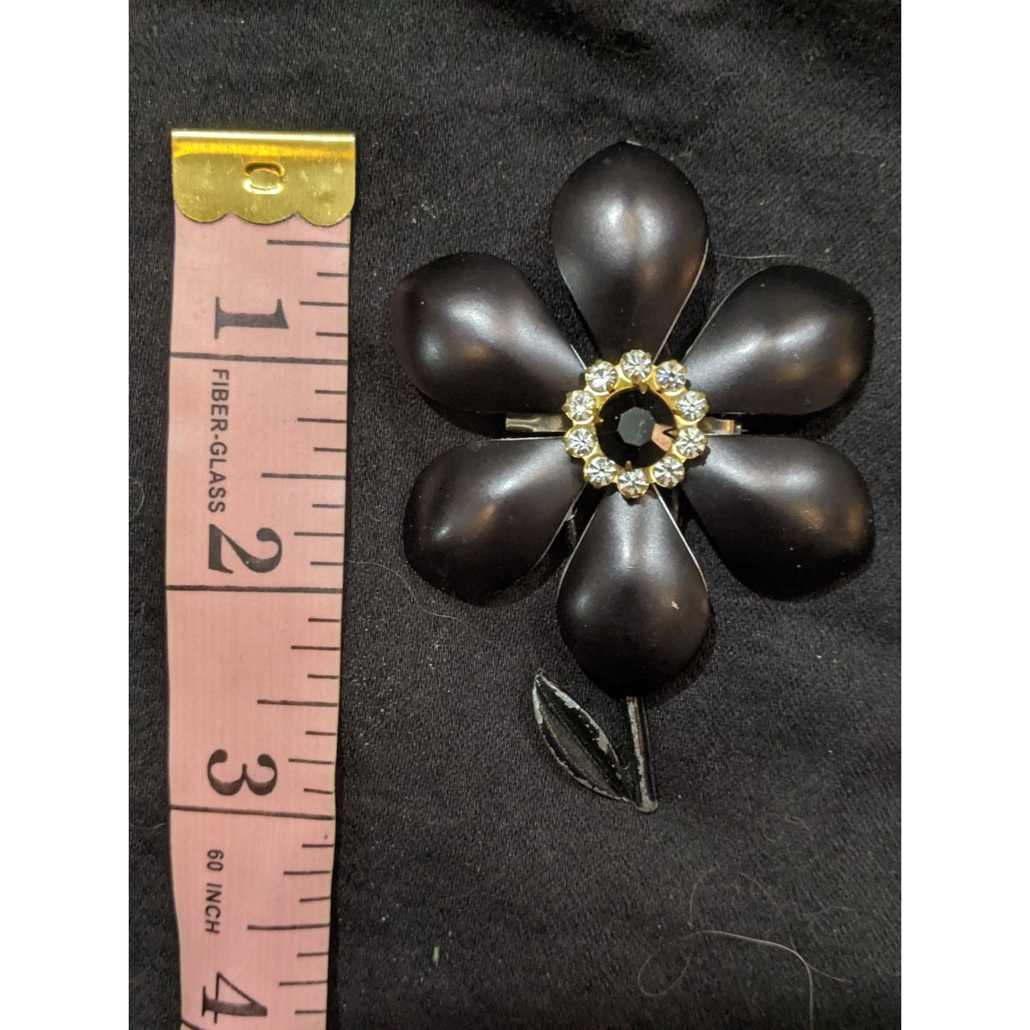 Vintage Black Metal Rhinestone Flower Brooch