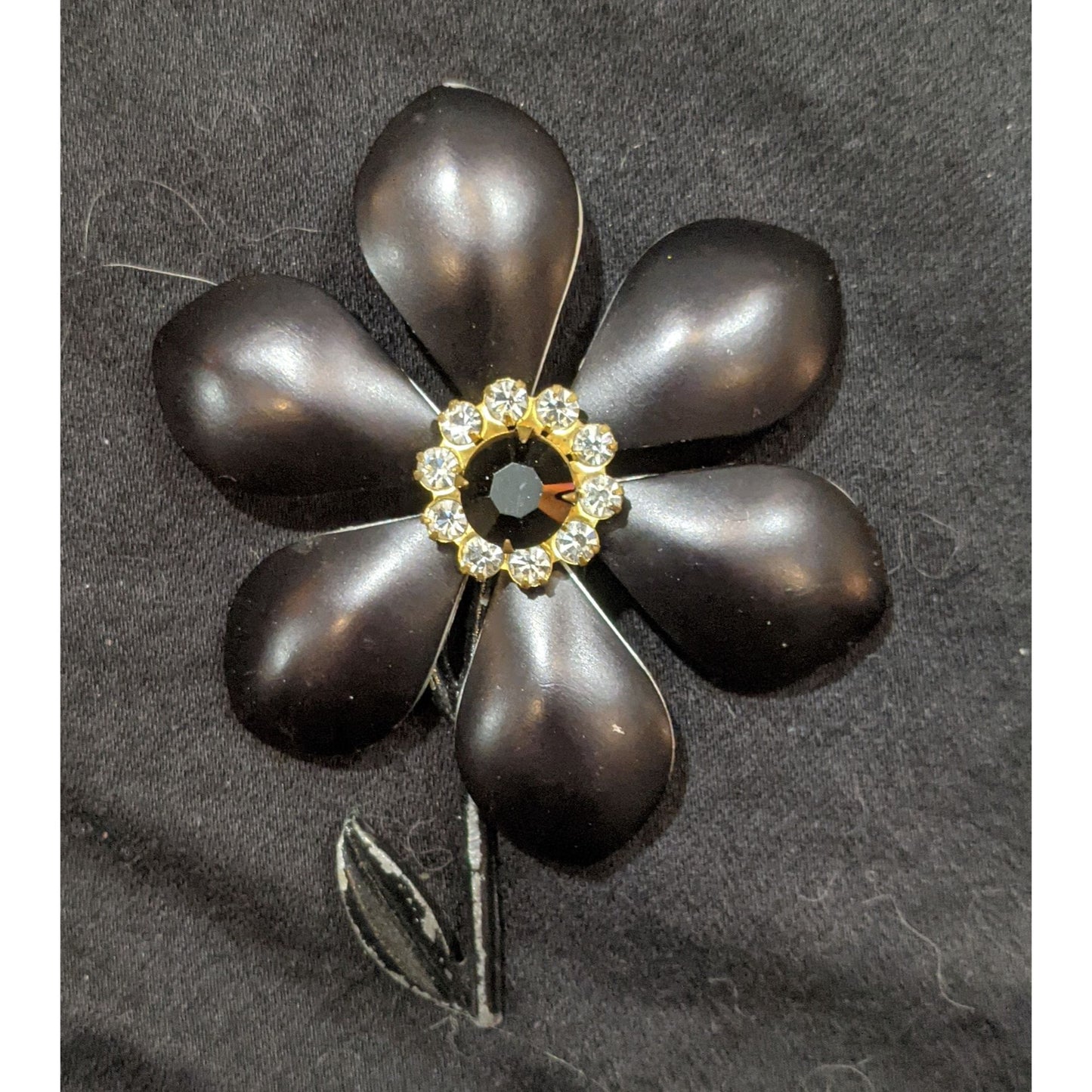 Vintage Black Metal Rhinestone Flower Brooch
