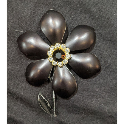 Vintage Black Metal Rhinestone Flower Brooch