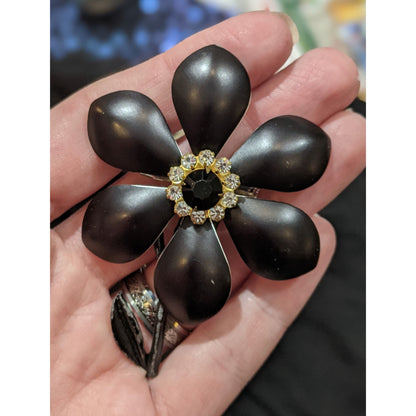 Vintage Black Metal Rhinestone Flower Brooch