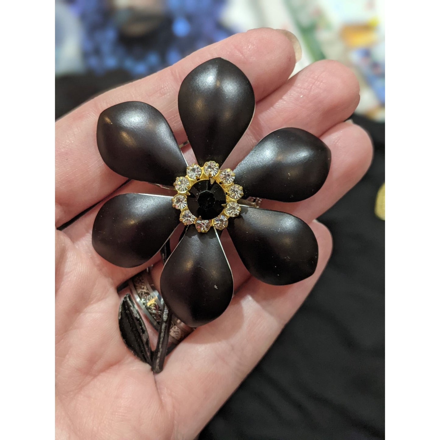 Vintage Black Metal Rhinestone Flower Brooch