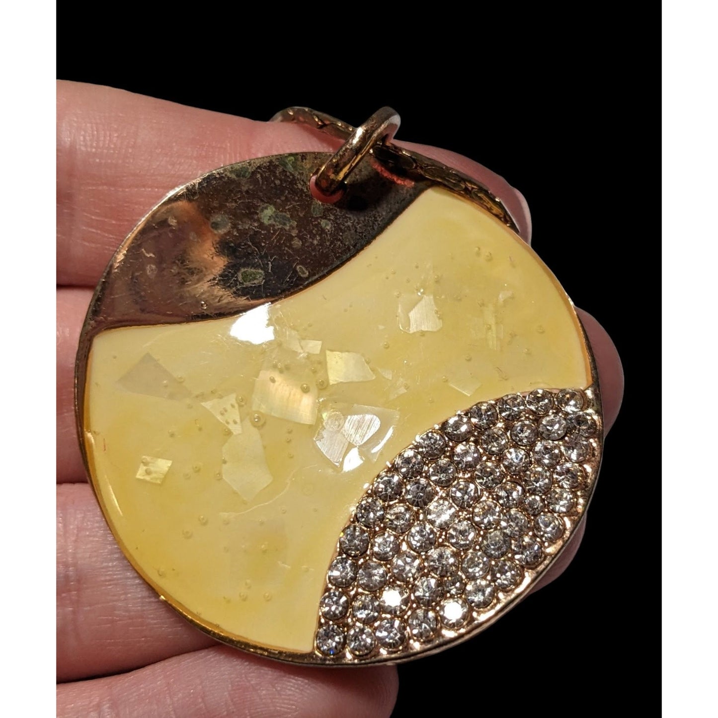 Gold And Yellow Enamel Rhinestone Pendant Necklace