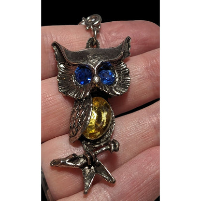 Blue And Yellow Gemmed Steampunk Owl Necklace