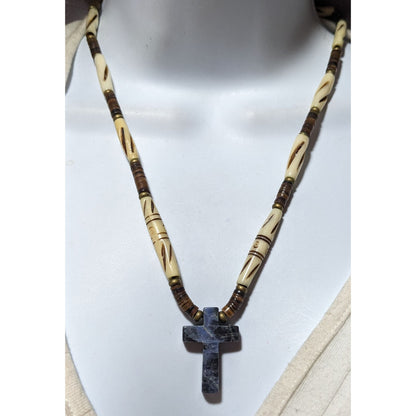 Vintage Carved Bead Blue Jasper Cross Necklace