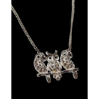 Vintage Triple Rhinestone Owl Necklace