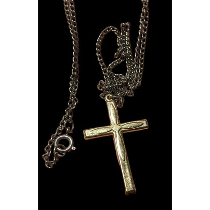 Gold Puffed Embossed Long Cross Necklace