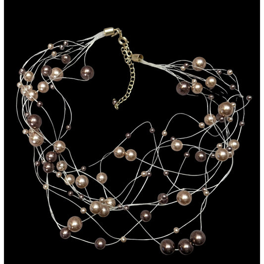Vintage Roman Floating Faux Pearl Multistrand Necklace With Adjustable Clasp In Brown & Champagne Tones