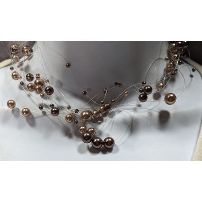 Vintage Roman Floating Faux Pearl Multistrand Necklace With Adjustable Clasp In Brown & Champagne Tones