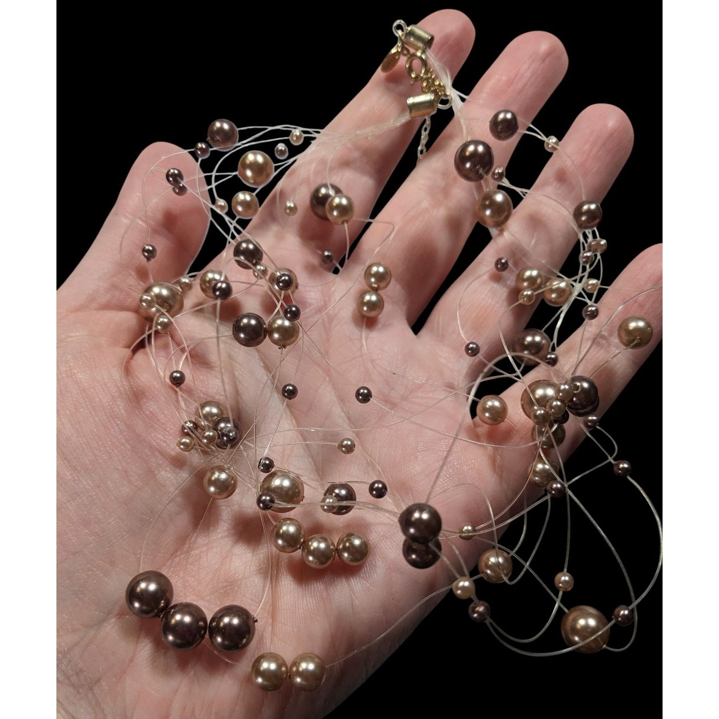 Vintage Roman Floating Faux Pearl Multistrand Necklace With Adjustable Clasp In Brown & Champagne Tones