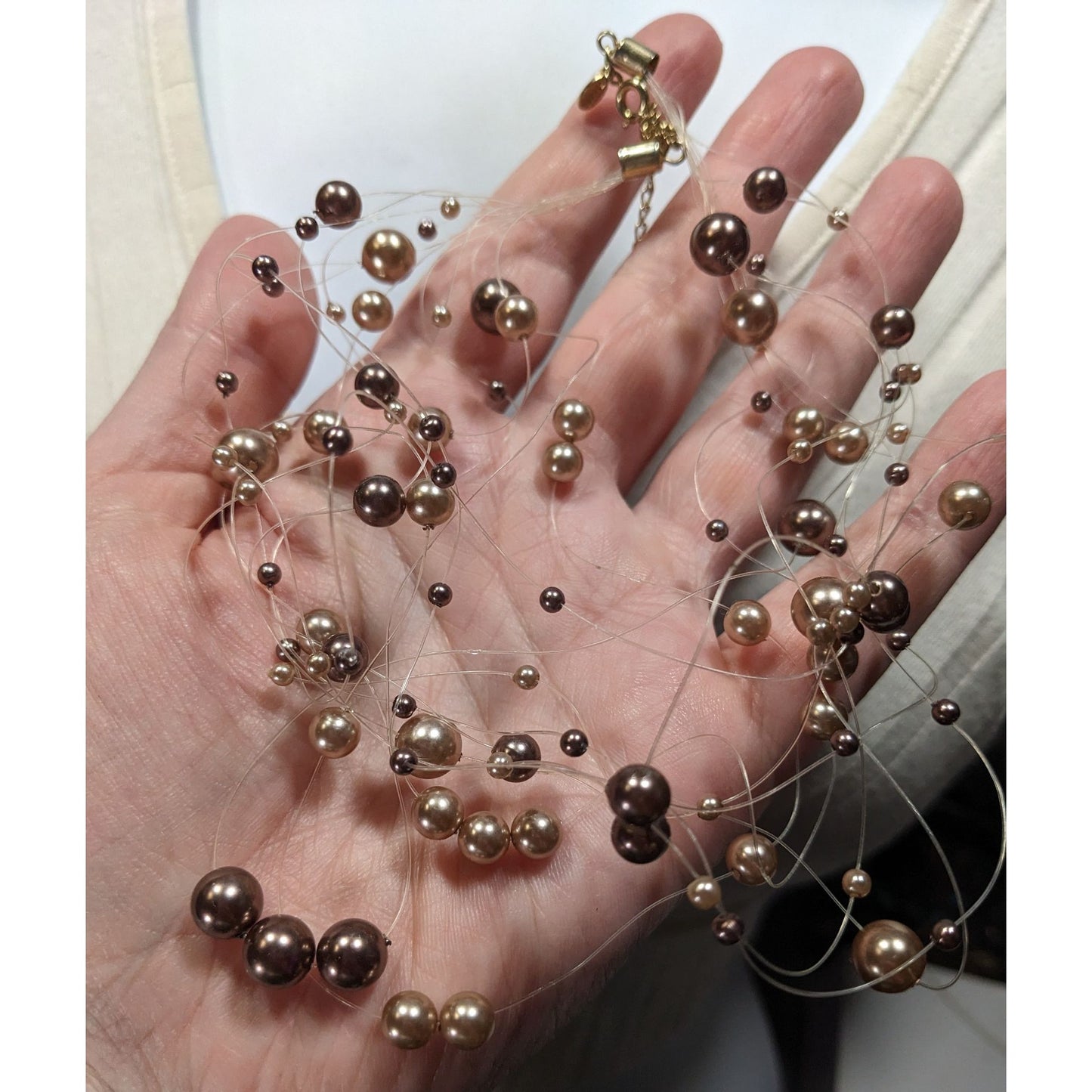 Vintage Roman Floating Faux Pearl Multistrand Necklace With Adjustable Clasp In Brown & Champagne Tones