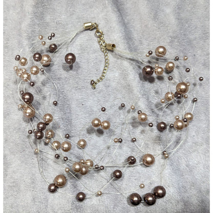 Vintage Roman Floating Faux Pearl Multistrand Necklace With Adjustable Clasp In Brown & Champagne Tones