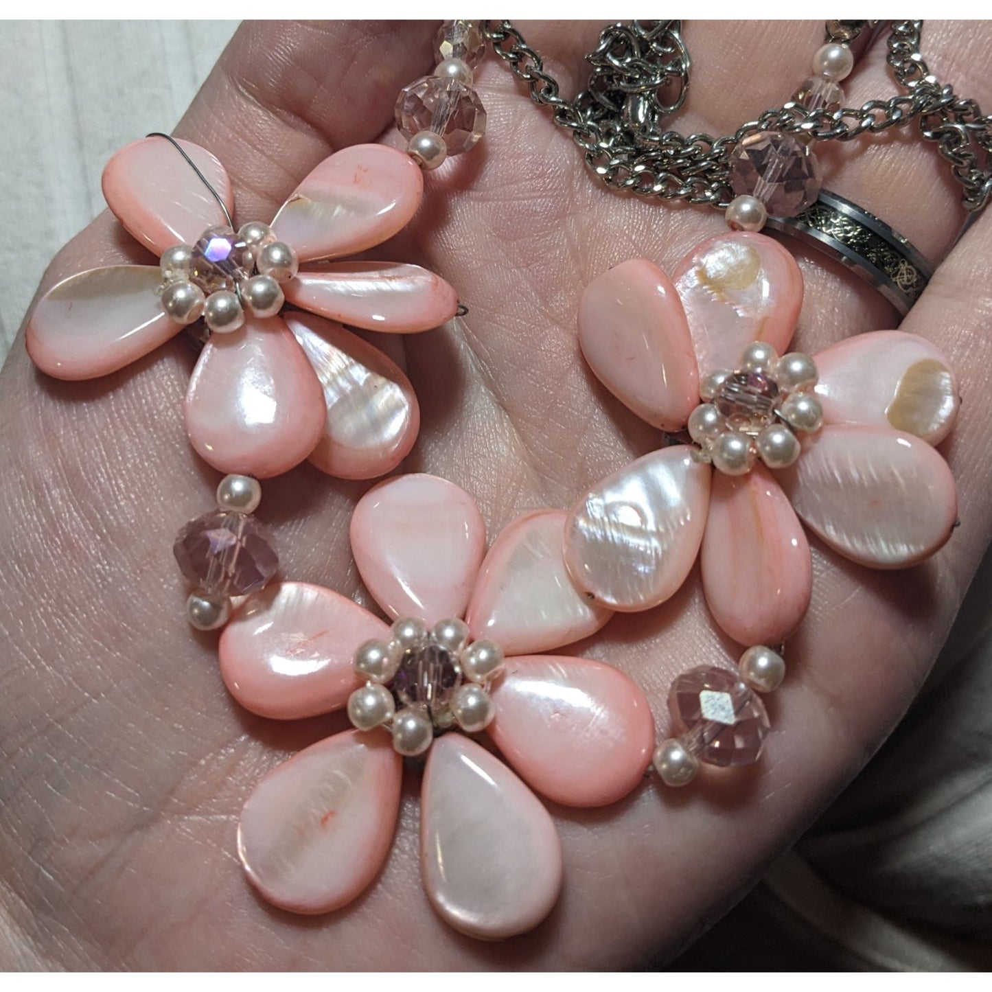 Floral Necklace With Pink Shell Beads & Pearls