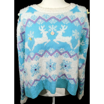 33 Degrees Retro Sequin Reindeer Blue And White Holiday Sweater