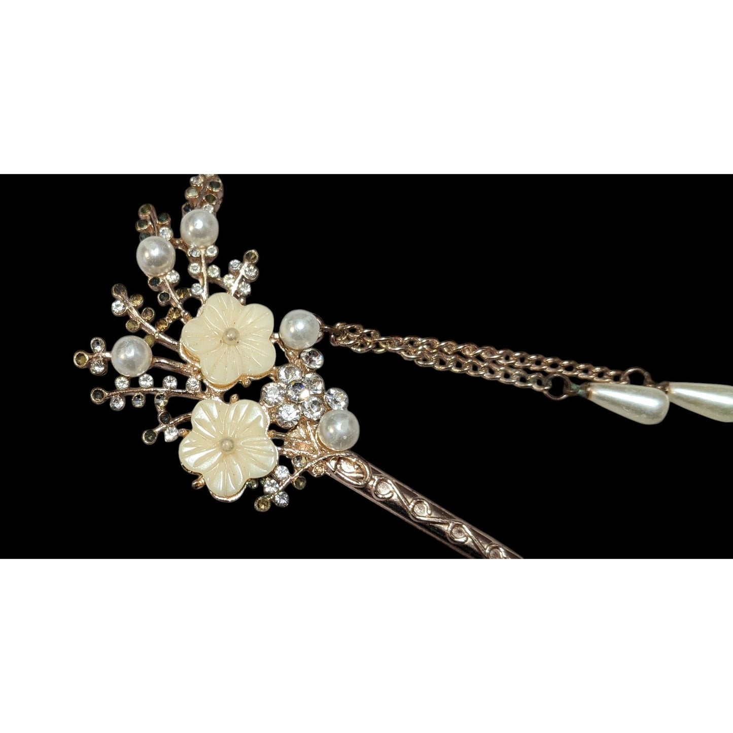 Fairy Cosplay Floral Rhinestone Gold Tone Hair Stick