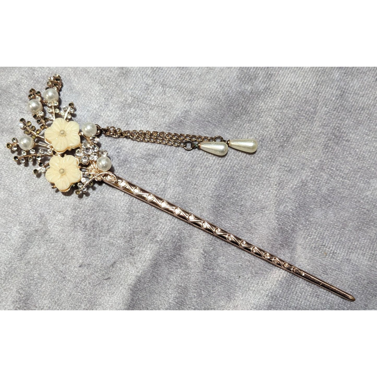 Fairy Cosplay Floral Rhinestone Gold Tone Hair Stick