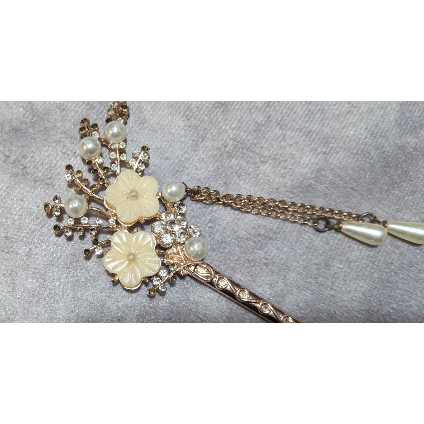 Fairy Cosplay Floral Rhinestone Gold Tone Hair Stick