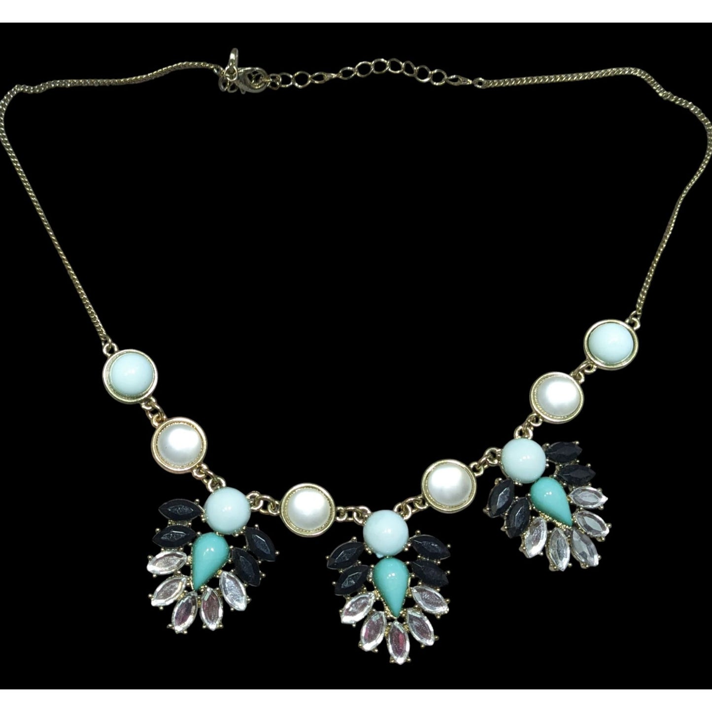 Liz Claiborne Art Deco Style Gold-Tone Necklace With Turquoise Black & Clear Gem Accents