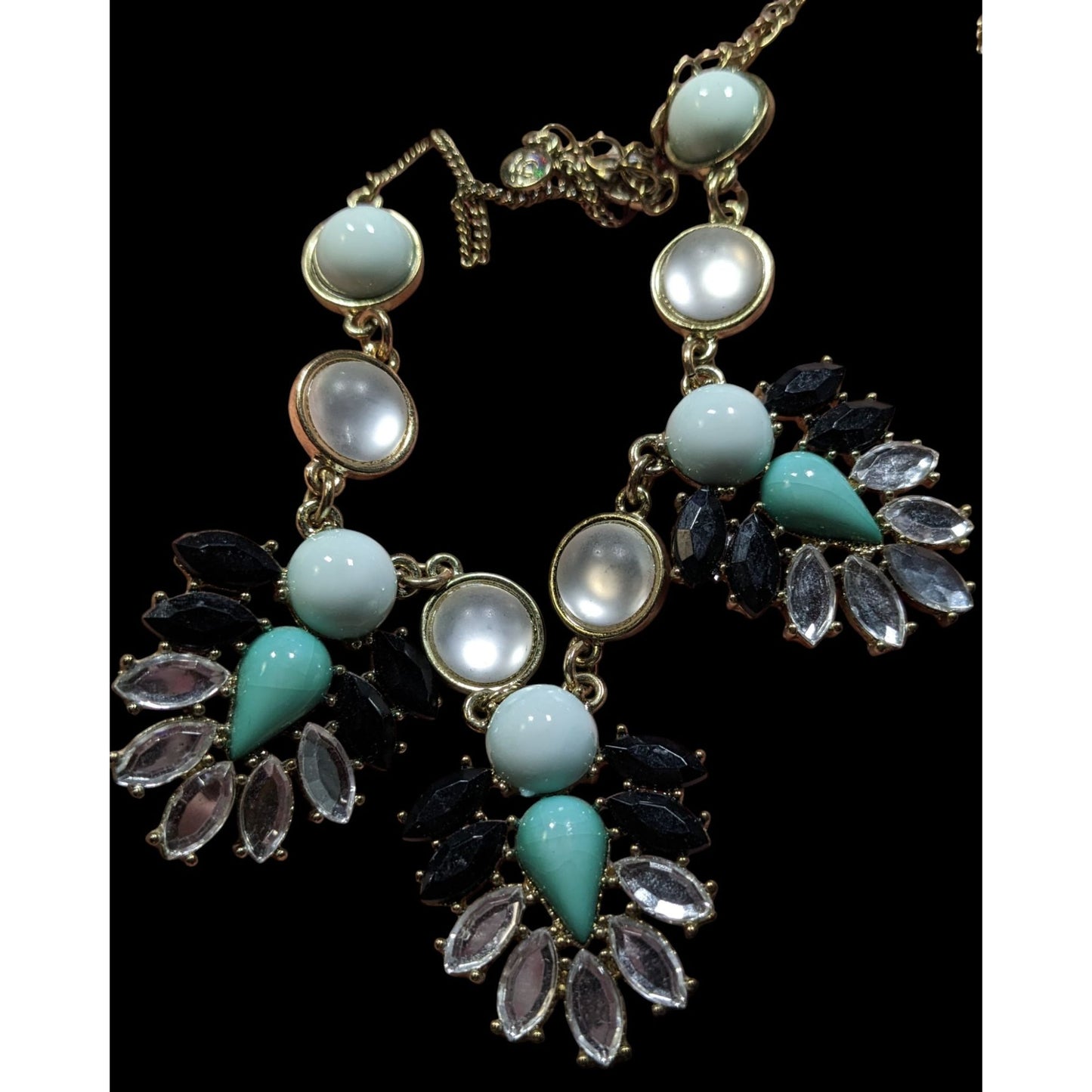 Liz Claiborne Art Deco Style Gold-Tone Necklace With Turquoise Black & Clear Gem Accents