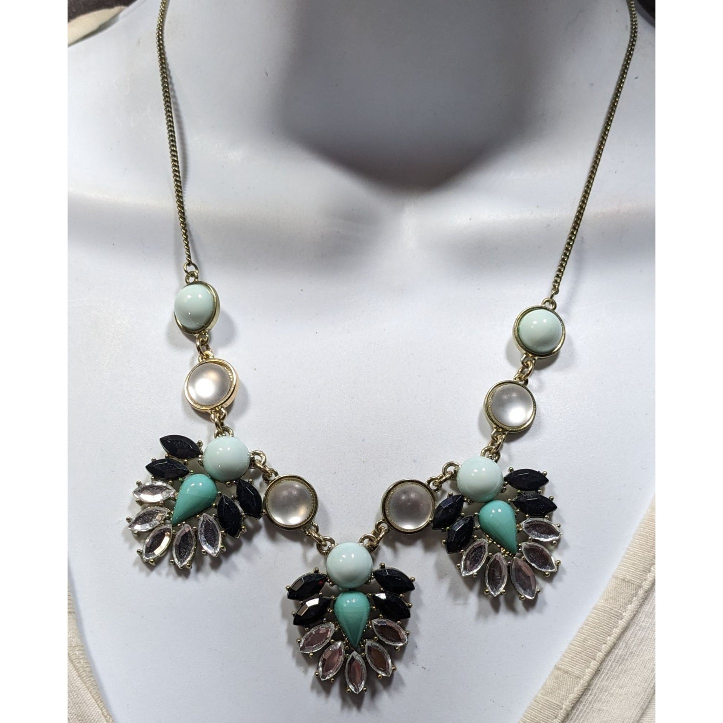 Liz Claiborne Art Deco Style Gold-Tone Necklace With Turquoise Black & Clear Gem Accents