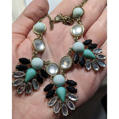 Liz Claiborne Art Deco Style Gold-Tone Necklace With Turquoise Black & Clear Gem Accents