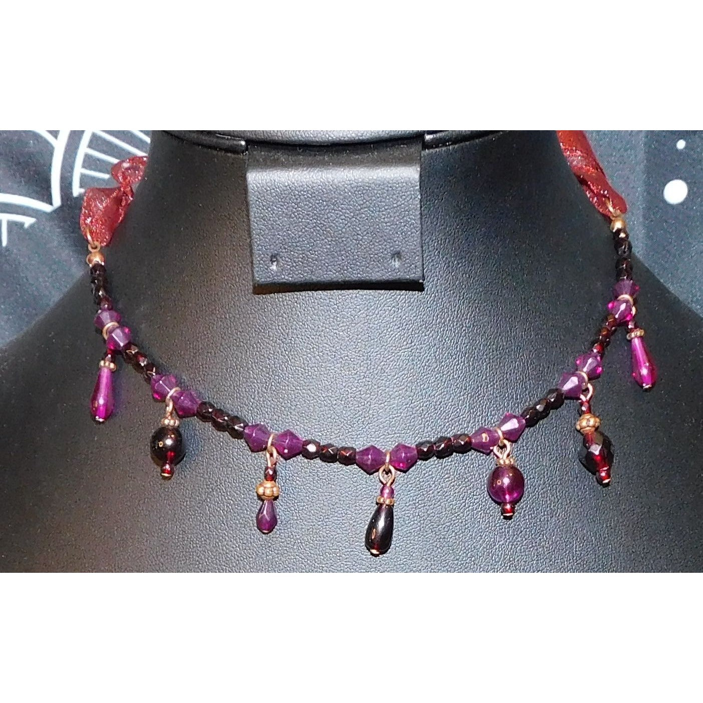 Handmade Gothic Red And Purple Tie On Beaded Necklace