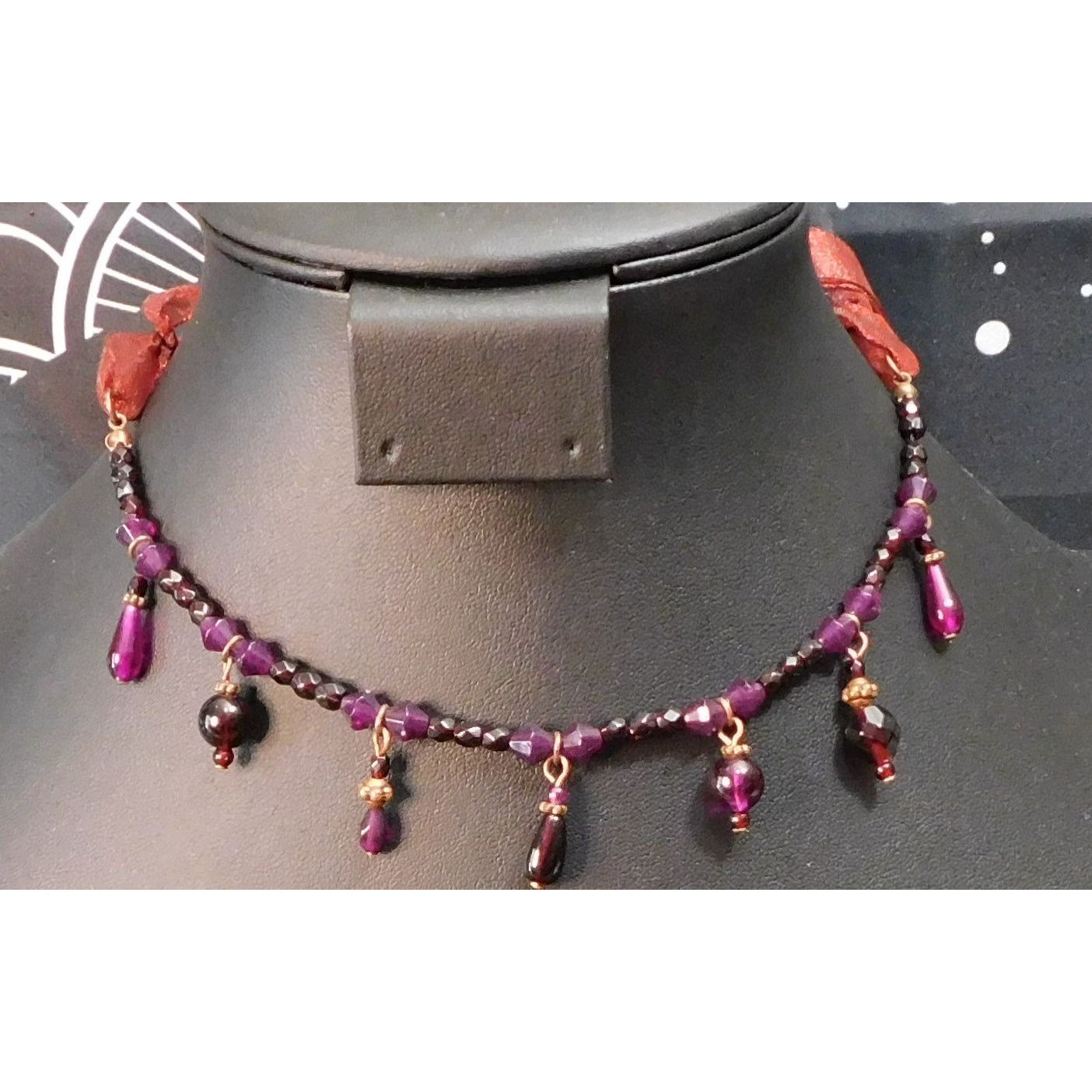 Handmade Gothic Red And Purple Tie On Beaded Necklace