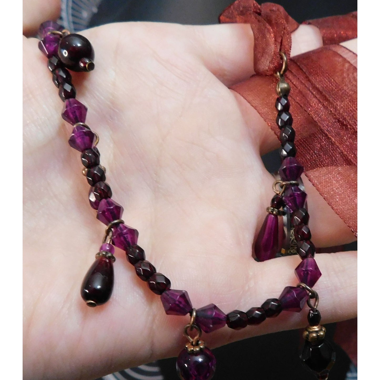 Handmade Gothic Red And Purple Tie On Beaded Necklace