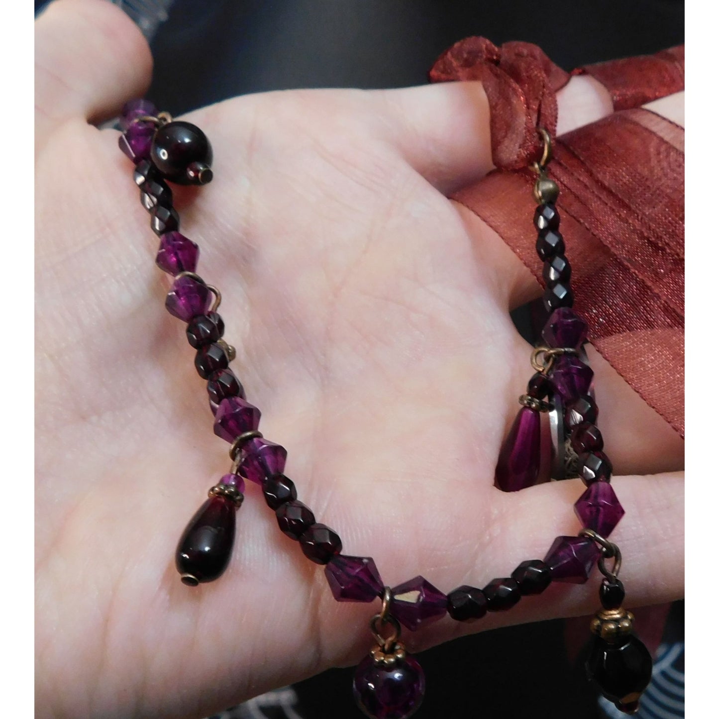 Handmade Gothic Red And Purple Tie On Beaded Necklace