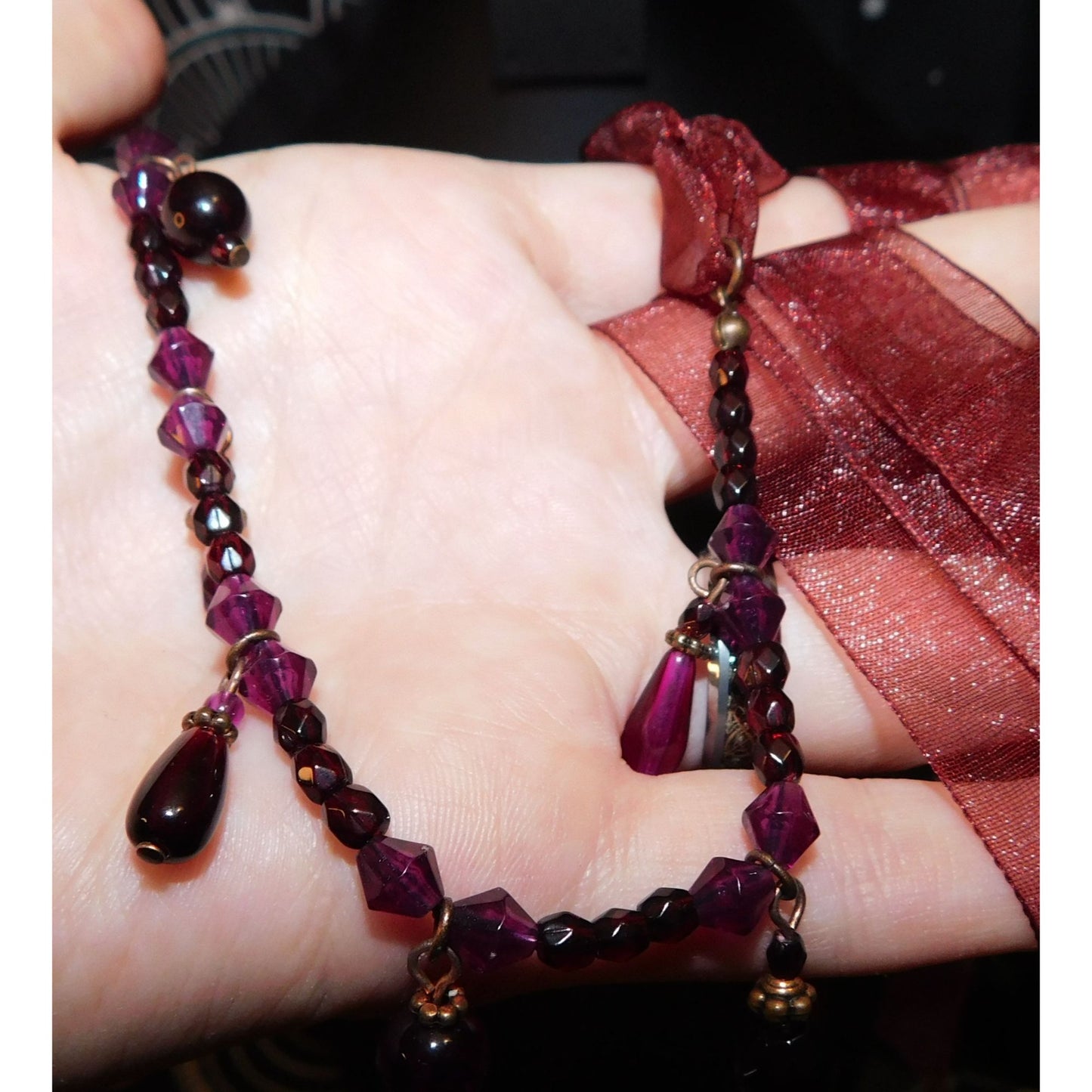 Handmade Gothic Red And Purple Tie On Beaded Necklace