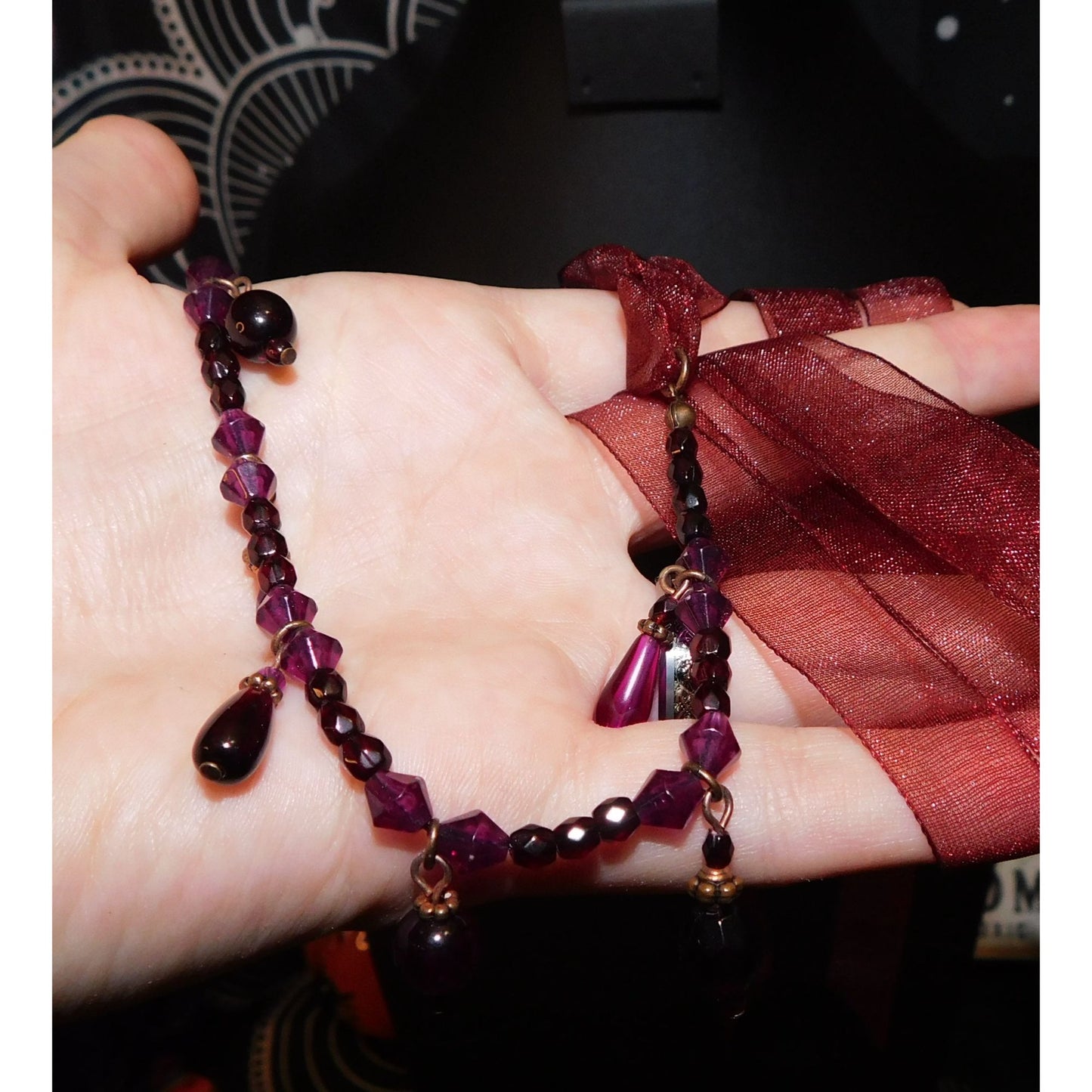 Handmade Gothic Red And Purple Tie On Beaded Necklace