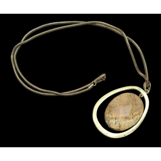 Vintage Brutalist Gold Tone Pendant Necklace With Faceted Stone Centerpiece