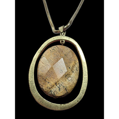 Vintage Brutalist Gold Tone Pendant Necklace With Faceted Stone Centerpiece