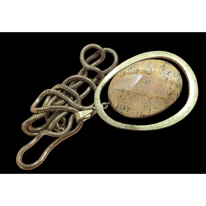 Vintage Brutalist Gold Tone Pendant Necklace With Faceted Stone Centerpiece