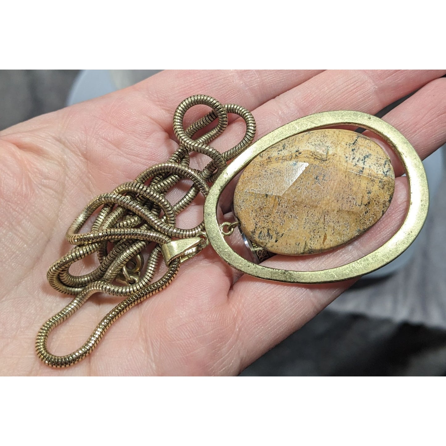 Vintage Brutalist Gold Tone Pendant Necklace With Faceted Stone Centerpiece