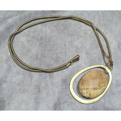 Vintage Brutalist Gold Tone Pendant Necklace With Faceted Stone Centerpiece