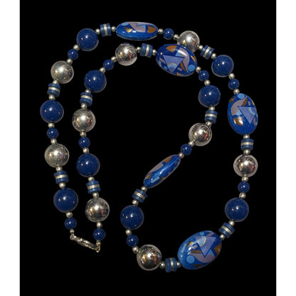 Vintage 80s/90s Blue And Silver Geometric Printed Japan Beaded Necklace