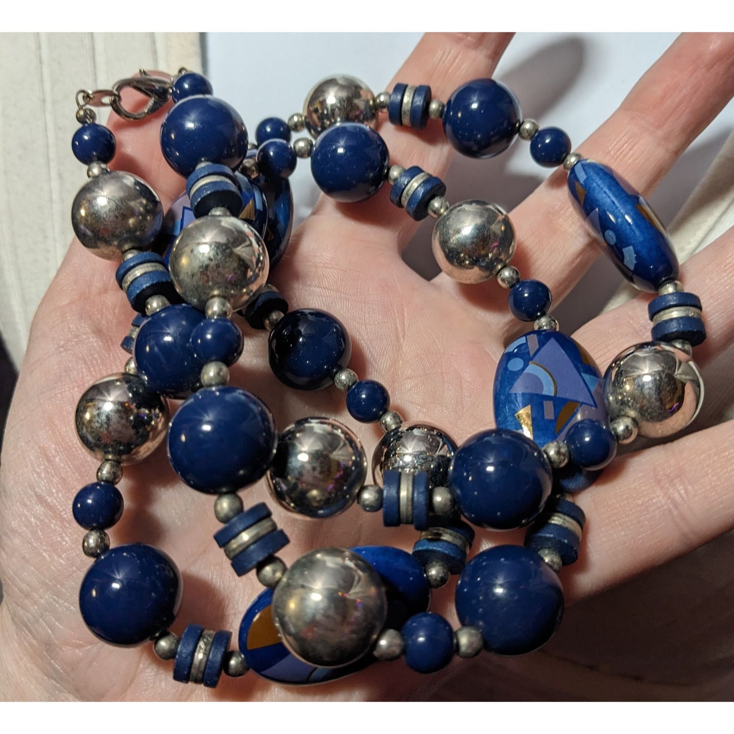 Vintage 80s/90s Blue And Silver Geometric Printed Japan Beaded Necklace